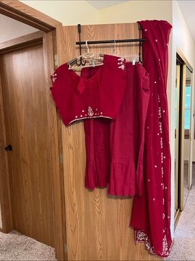 Elegant Women’s Red Embroidered Saree 3-Piece Set